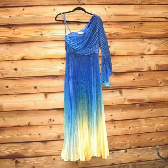 MAC DUGGAL 49903 Blue Ombre Pleated Charmeuse One-Shoulder Gown Dress 6 FLAWS - Picture 5 of 16
